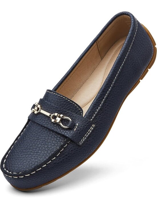Shoes - Women's Navy Comfortable & Lightweight Leather Loafers Slip-On Flats Shoes